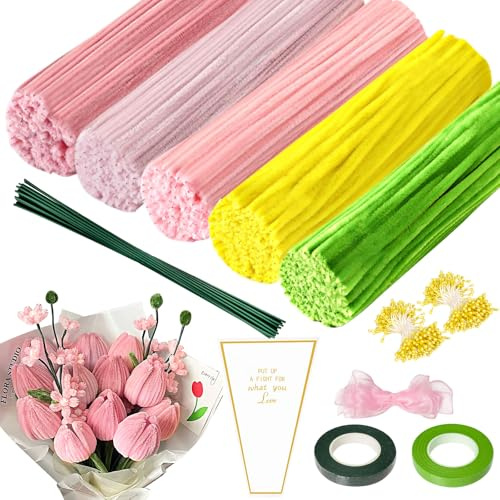 500 Piezas Set de Limpiapipas Flores, Limpiapipas Manualidades, Kit de Manualidades de Pipa con Tallos de Flores Cinta, Limpia Pipas Rosa, para Regalos Artesanales y Decoración del Hogar