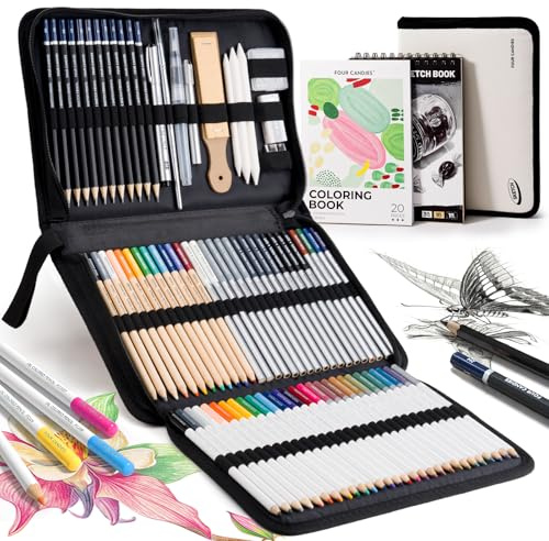 Four Candies 87 Pack Sketching Kit for Artist Gifts, Art Supplies, Drawing Set with Colored Pencils, Sketchbook, Coloring Book, Complete Drawing Tools in Zipper Case for Adult, Teens & Beginner
