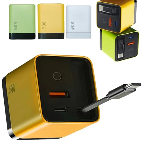 Cargador GaN 3 en 1, módulo de carga rápida escalable de 80 W máximo con cable retráctil tipo C y 2 puertos USB, compatible con iPhone, Android, smartphones, tabletas y portátiles, carga 3