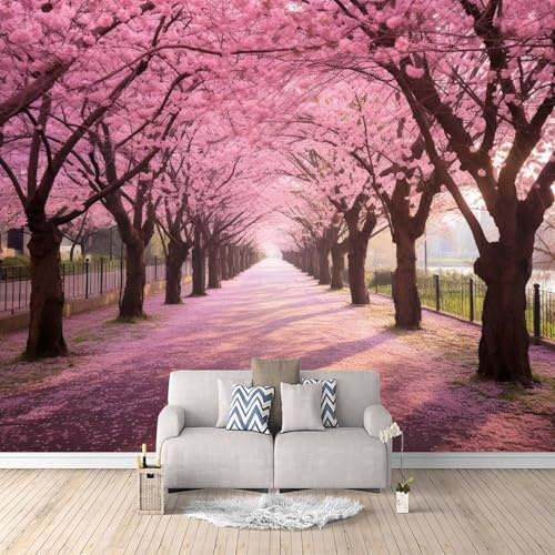 Papel Pintado 3D Camino De Los Cerezos En Flor 300x210 cm Fotomurales Tejido No Tejido, Papel Tapiz Grande Murales Fotográfico Moderno Decoración de Paredes