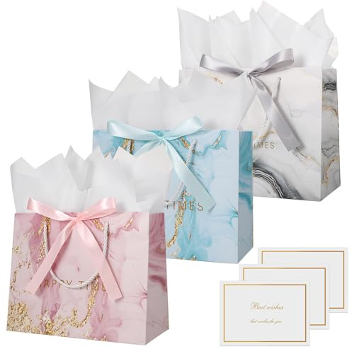 Candcamp 3 Pack Gift Bags For Presents, Medium Birthday Gift Bag With 6 Wrappers and 3 Cards Marble Design Present Bag for Birthday,Wedding,Party,Christmas
