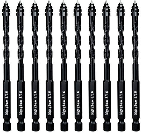 Mgtgbao 10PC Black 3/16” Upgraded 4-Flute Serrated Carbide Masonry Drill Bit Set, 5mm Serrated Concrete Drill Bit for Plastic Glass Brick Cement Tile Marble Wood.