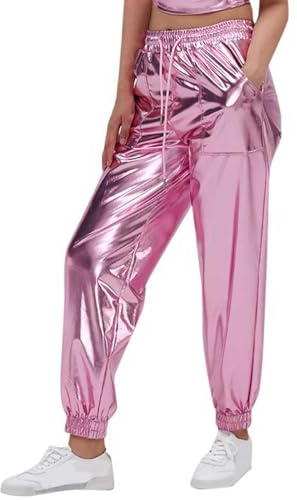 Generisch Pantalones metálicos para mujer, para carnaval, brillantes, suaves, cómodos, elásticos, transpirables, clásicos, monocromáticos, ropa de calle para fiestas, ocasiones festivas, Rosa., XXL