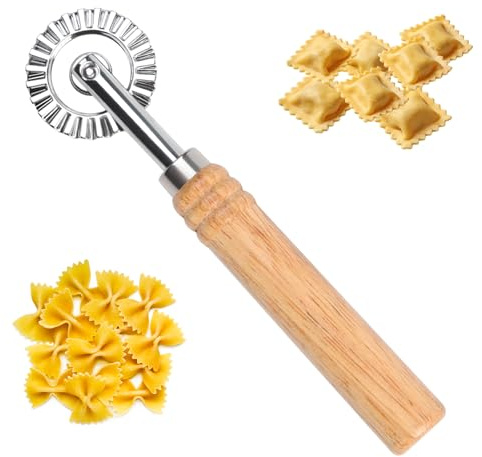 Vågigt deg, rostfritt stål degkupa, degskärare med långt trähandtag, ravioli-rulle, degskärare rulle, pastahjul sicksack för hushåll och kök, 16 cm längd, 4 cm bladdiameter