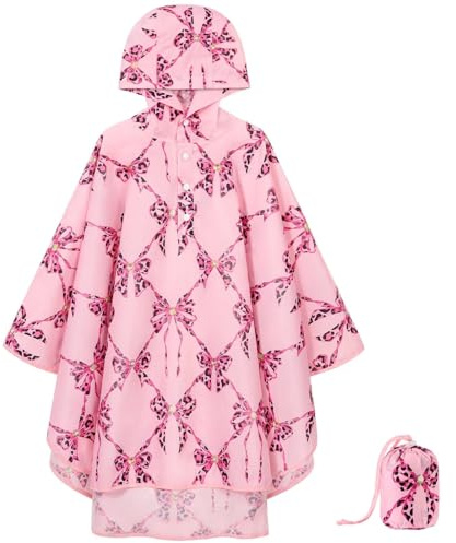 WAWSAM Kids Poncho Waterproof - Bowknot Rain Poncho for Girls - Lightweight Hooded Raincoat with Storage Bag - Portable Rainwear for School & Travel