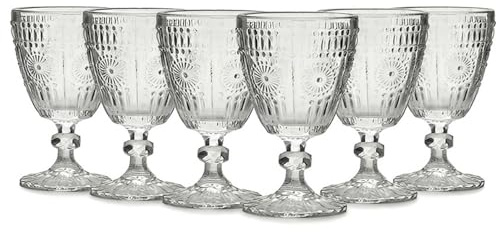 Set 6 Bicchieri a Calice con piede in Vetro Trasparente da 30cl Design Vintage Elegante stile Pregiato Ideale per Acqua Vino e Tavole Raffinate Settore Casa e HORECA
