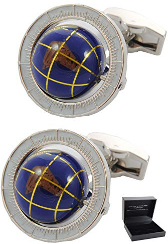 Gemelos Camisa Hombre Azul - Con Caja - Gemelos para Camisas - Globo Giratorio - Latón - Redonda Viaje Mundo Tierra - Un Par