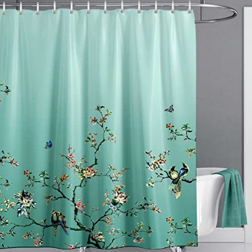 LIVETTY Duschvorhang Anti-Schimmel 180x200cm, Blumen Vogel mit 12 Duschvorhängeringen, Wasserdicht, Waschbar, 3D Digitaldruck Grün Pflanze Shower Curtain