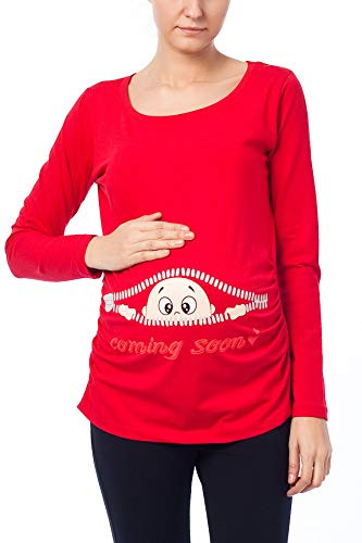 M.M.C. Coming Soon - Simpatica graziosa T-Shirt Premaman Manica Lunga per la Gravidanza (Rosso, Large)