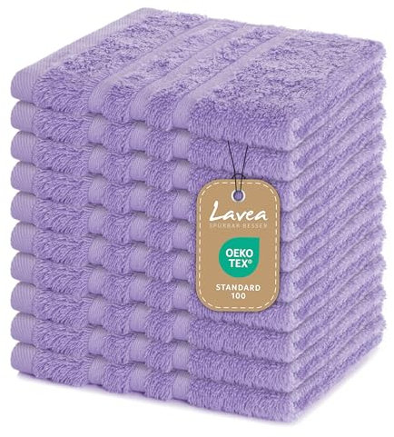Lavea® 10er Set Seiftuch 30x30 cm – Hochwertige Gästehandtücher 30x30 aus 100% Baumwolle, Frottierserie Elena – Saugstark, Waschbar und Strapazierfähig - Lavendel
