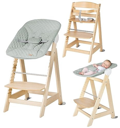 roba Born Up Baby High Chair Set 2in1 + Newborn Attachment roba Style Frosty Green with Reclining Function - Children's High Chair from Birth - Natural Wood