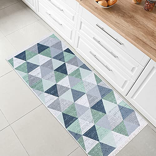 Fashion4Home Teppich Kurzflor - Boho Kelim Teppich, Wohnzimmerteppich, Schlafzimmer und Küchenteppich, Teppich Läufer, Flur Teppich, Kinderzimmerteppich Karo-Grün, Grüße: 80x200 cm