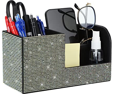 Desk Pen Pencil Holder Bling Pasted Rhinestones Paper Stationery Storage Box, Multi-functional Organizer for Pen,Pencil,Cell phone,Business Name Cards,Eye Glasses,Remote Control Holder (Color)