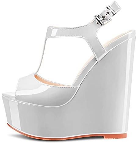 NobleOnly Donna Alto High Zeppa Piattaforma Tacco Aperte sulla Punta Cinturino alla Caviglia T-strap Slingback Fibbia Sandali da Matrimonio Feste 15 CM Heels Scarpe Bianco Verniciata 35 EU
