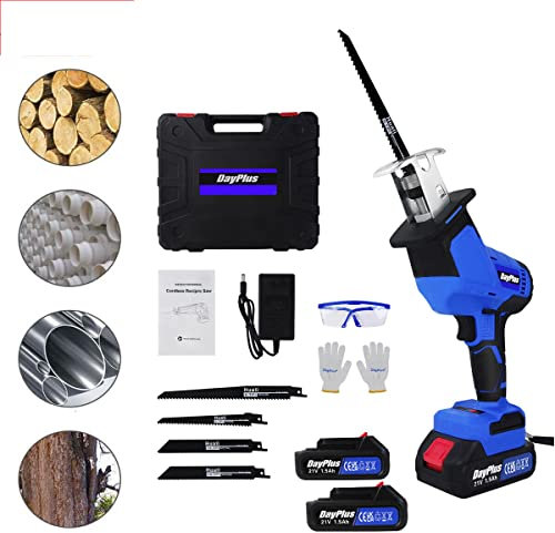 Sierra de sable eléctrica inalámbrica con batería, herramienta eléctrica de 21 V, 4 hojas de sierra, ideal para cortar madera, PVC y metal (con 2 baterías)