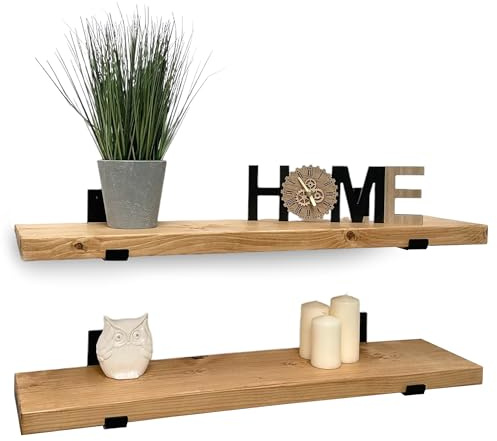 MKGT Handcrafted Rustic Wooden Floating Shelves – Wall Mounted with Black L Brackets – Made in the UK from Solid Timber – Kitchen & Living Room (Set of 2, 50cm)