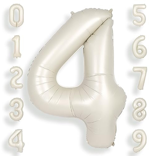 SUWEN 40 Inch Cream White 4 Number Balloon Foil 0-9 Birthday Big Numbers | 4th Birthday Anniversary Party Decorations Large Helium Number Balloons Jumbo Giant Huge Mylar