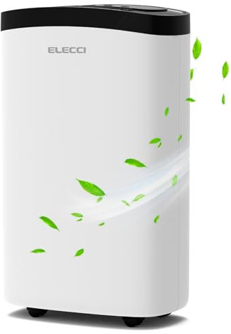 ELECCI 10L/Day Dehumidifier for Home & Clothes Drying | Digital Humidity Display, 40dB Quiet Sleep, 24H Timer with 1.4L Tank | Continuous Drainage Option, UK Plug & Wheels (Mould Prevention&Eco Mode)