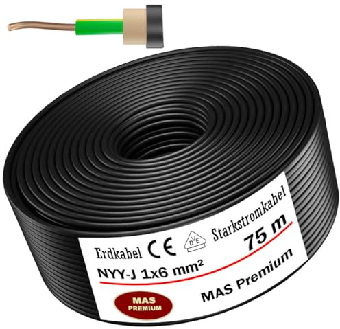 MAS Premium NYY-J - Cavo elettrico ad alta tensione da terra, 5-100 m, NYY-J, 1 x 4, 6, 10, 16 o 25, anello OFC per posa all'aperto, terra (NYY-J 1 x 6 mm², 75 m)