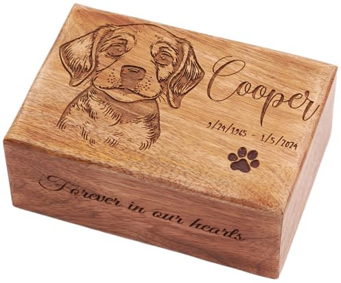 The Maryam Crafts Urne funéraire en bois pour cendres de chien avec photo gravée - Taille M : 20,3 x 14 x 8,9 cm - 45,4 kg