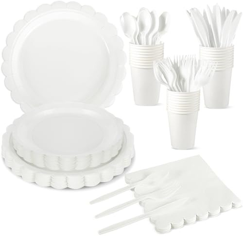 Xiangqu 25 Set White Plates and Napkins Scalloped White Dinnerware