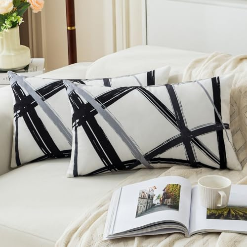Jayusaror Fundas Cojines Sofa Juego 2 Fundas 30 x 50 Negro Gris Fundas Cojines Decoración del Hogar Terciopelo Almohadas Geométricas para Sofá, Cama, Dormitorio, Sala de Estar