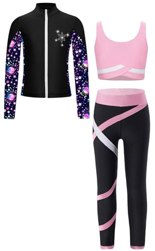 Miutii Mädchen Sport Set Trainingsanzug 3tlg. Sweatjacke + Sport BH Tops + Hose Leggings Eiskunstlauf Anzug Fitness Yoga Gym Jogginganzug Rosa 122-128