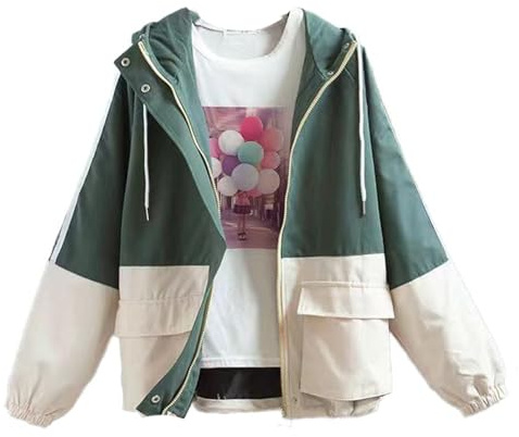 KOSFESFJHD Korean-style loose hooded jacket for women, work trench coat baseball jacket for spring and autumn-Medium-Green