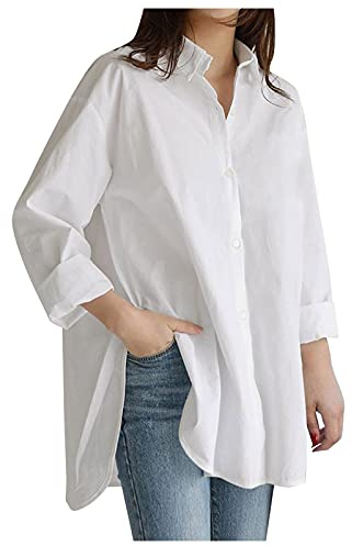 Camicia Donna Curvy Cotone Maniche Lunga Blusa Taglie Forti Leggera Primavera Scollo a V Tinta Unita Tunica Top Confortevole E Traspirante Elegante Lunga Camicette Con Bottoni Blu Comode Maglietta