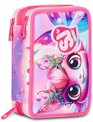 SJ GANG STYLE JAM GANG Astuccio Scuola 3 Zip Cat Led, Rosa, Portapenne Triplo Scomparto Completo Di Penne, Matite, Colori, Accessori Zaino, Scuola Elementare, Bambina