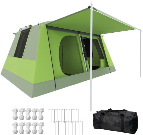 Outsunny Tente de Camping avec Porche pour 4 Personnes, Tente familiale légère Portable Facile à Installer, Sac de Transport et Crochet Inclus, pour Voyage randonnée, 405 x 305 x 225 cm, Vert
