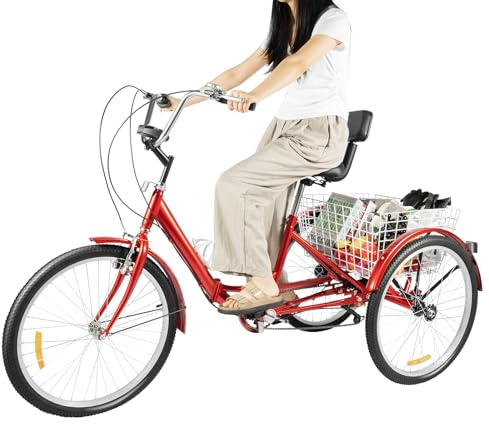 Täcke 24 tums trehjuling för vuxna, 7-växlad 3-hjul vikbar trehjuling cykel lastcykel med shoppingkorg och LED-ljus, 3-hjuls vuxencykel tricycle för män, kvinnor, seniorer