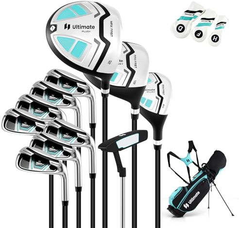 GYMAX Sac Trépied avec 15 Clubs de Golf pour Femmes, Comprenant Un Driver 460CC n° 1, Un Fairway n° 3, Un Hybride, des Fers n° 5, 6, 7, 8, 9, P, S, Un Putter et Un pour Golfeurs Droitiers (Vert)