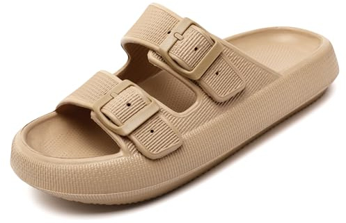 Waysoland Cloud Sliders Women Men Sandals with Adjustable Buckles,Shower Bathroom Non-Slip Quick Drying Open Toe Super Soft Comfy Thick Sole Sandals Indoor Outdoor(Brown,2.5/3.5 UK)