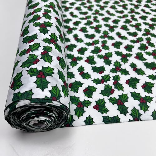 Pyrhan Christmas Polycotton Fabric Prints | 45 Inch Wide Dress Craft Fabric Material By The Metre | Polycotton Print Used in Sewing Kit and Accessories-Quilting Fabric (45-HollyBreen-Leaves)