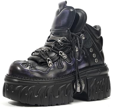Songella Stivali con Plateau Gotici da Donna, Scarpe Stile Punk Rock Heavy Metal Stivaletti Stringati Chunky con Design a Fiamma e Dettagli in Metallo Nero Viola