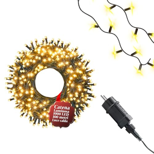 Wintem - 1000 Luci LED Bianche Calde Natalizie 100m per Albero di Natale e Decorazioni da Esterno – Illuminazione Omogenea, Montaggio Facile e Uso Sicuro per Interni ed Esterni