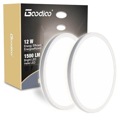 Goodjoo LED Deckenleuchte Flach 12W, 4000K, 1500LM, Rund Ø19cm, 2 Stück