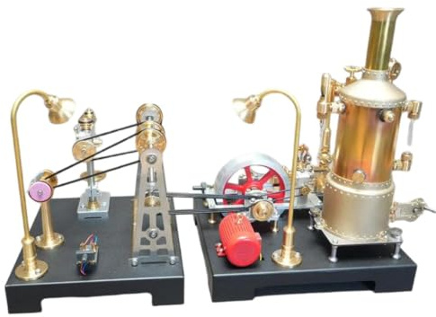 Retrol SE-03 Steam Engine + GF-01 Mechanical Workshop Combo – Brass & Stainless Steel Working Steam Power System with Belt Drive Transmission, Steampunk Industrial Display Model Kit