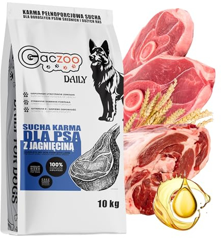 Gaczoo – Croquettes pour Chiens – Agneau – pour Chiens Adultes et Seniors, Races Moyennes et Grandes – avec céréales, Viande sèche et vitamines – 10kg