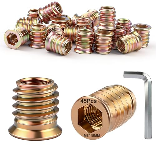 Dshunnc 45 stycken skruvmuttrar M8 x 15 mm gänginsats trä, rampamuff M8, galvaniserade sexkantiga skruvmuttrar för trämöbler, hyllor, arbetsbänkar, trädgårdsmöbler