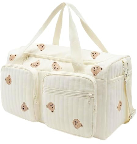 AXVRAV Large Changing Bag 45 × 22 × 26 cm, Clinic Bag Birth Portable Stylish Embroidery Cotton Bag Baby Nappy Bag for Hospital Pram Weekend Travel On the Go Beige