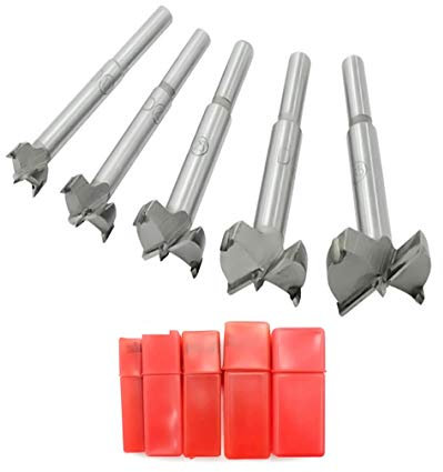Mengshen Forstnerbohrer Satz Holzbearbeitungsbohrer 15-35mm 5 Pcs, Carbon Schnellarbeitsstahl Flachflügelbohrloch Scharnier Hartmetallbohrsets mit Rundschaft