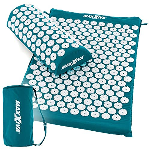 MAXXIVA® Akupressurmatte Set 75 x 42 cm mit Kissen mit Tragetasche Yantramatte Fakirmatte Durchblutung Massage (Petrol)