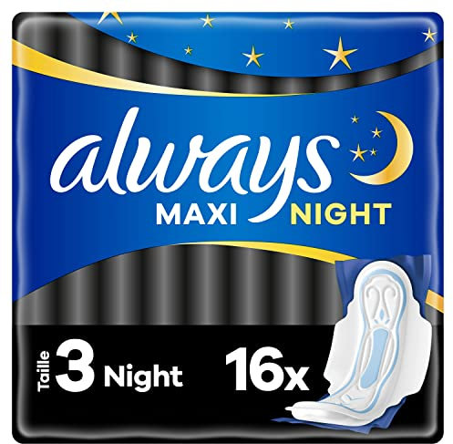 Always Maxi Serviettes Hygiéniques, Taille 3, Night, 16 Serviettes Avec Ailettes, Flux Très Abondants Nuit, Cœur Ultra Absorbant et Barrières Anti-Fuites