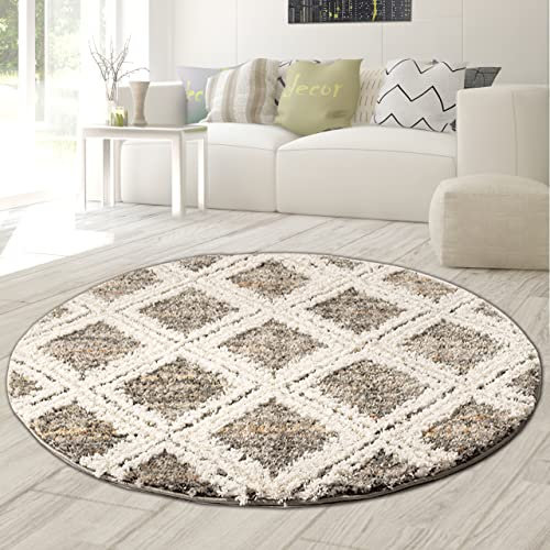 Teppich-Traum Moderner Hochflor Teppich • legeres 3D Orient Rautenmuster in Creme beige, 120 cm rund
