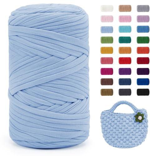 Uiopa Light Blue T-Shirt Yarn, 400g/120m Elastic Fabric Crochet Cloth T Shirt Yarn, Chunky Hand Knitting Polyester Ribbon for Crocheting Bags/Baskets/Rugs, Home Decor, DIY Crafts