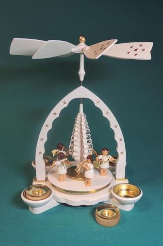 Rudolphs Schatzkiste Piramide musicale, angelo bianco per candeline e candele, altezza circa 27 cm, piramide natalizia, piramide in legno
