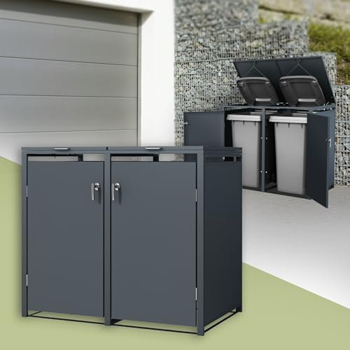 ML-Design Mülltonnenbox 2er für 2 Tonnen 240L 132x80x116,3 cm, Anthrazit, Stahl, wetterfest, Abschließbare Mülltonnenverkleidung mit Klappdeckel/2 Türen, Müllbox Mülltonnecontainer Mülltonnenabdeckung