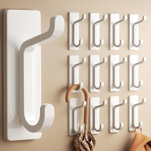 pickpiff 12 Piezas Ganchos Adhesivos para Pared, Resistentes 6kg, Sin Taladrar, Impermeable, Colgadores para Baño Cocina Abrigos, Perchas Adhesivas de Acero Inoxidable, Blanco